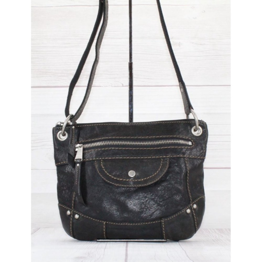 Fossil Black Leather Zip Top Crossbody Purse Shoulder Bag - Picture 2 of 9